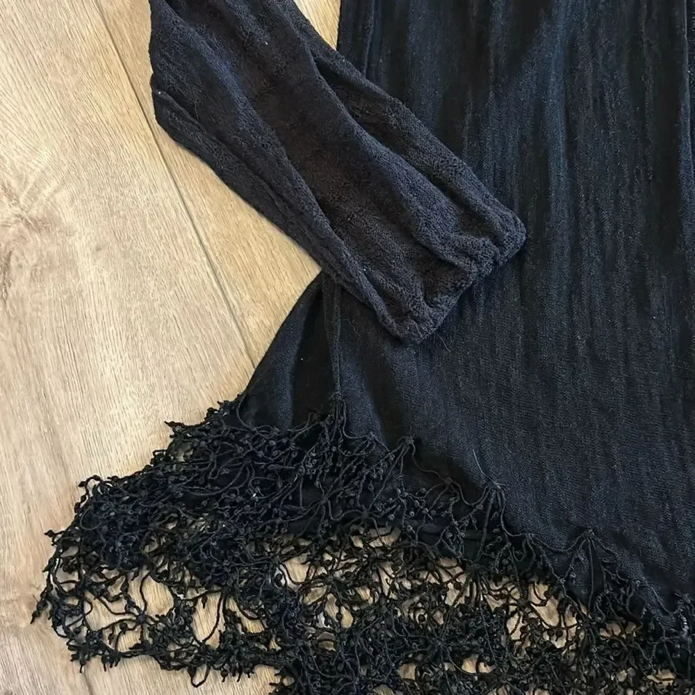 FREE PEOPLE SHEER LONG SLEEVE BLACK TUNIC DRESS COVERUP SIZE SMALL WITH LACE